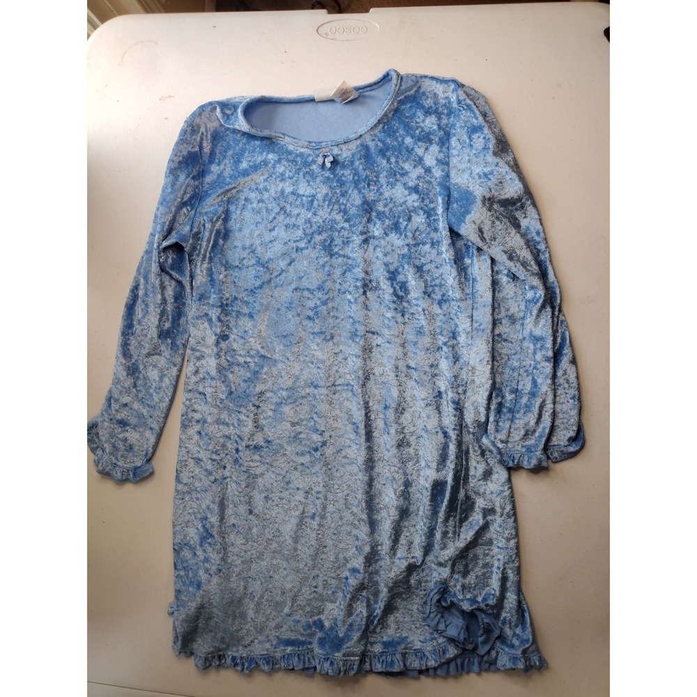 Girls Blue Velvet moons Nightgown Sleepwear Size L‎ Long Sleeve Ruffle Trim